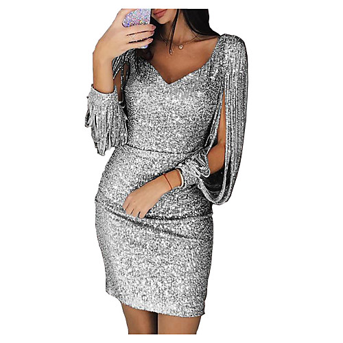 

Women's Shift Dress Knee Length Dress Black Pink Light Green Silver Gold Red Yellow Long Sleeve Solid Color Sequins Tassel Fringe Fall Spring V Neck Party Hot Prom Dress 2022 S M L XL XXL