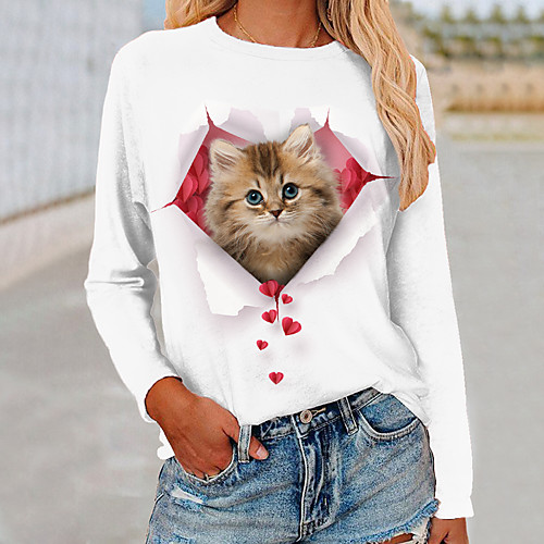 

Women's 3D Cat Painting T shirt Cat Butterfly Florals Print Round Neck Basic Vintage Tops Green Blue White / 3D Print