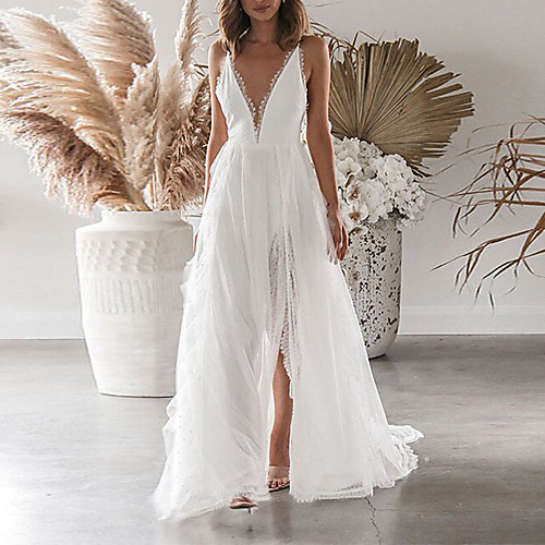 

Women's Swing Dress Maxi long Dress White Sleeveless Solid Color Split Lace Spring Summer Deep V Elegant Romantic Sexy Party 2022 S M L XL