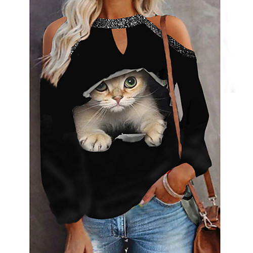 

Women's 3D Cat T shirt Cat Graphic Butterfly Cut Out Print Round Neck Basic Vintage Tops Blue Black Purple / 3D Print