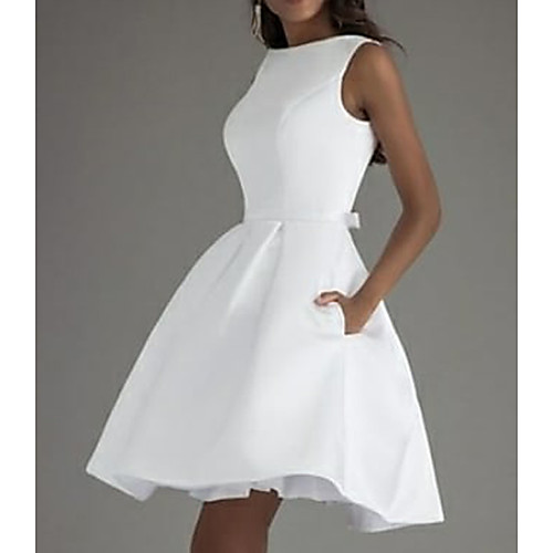 

A-Line Minimalist Little White Dresses Graduation Cocktail Party Valentine's Day Dress Boat Neck Sleeveless Knee Length Satin with Bow(s) Pleats 2022
