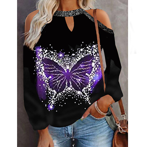 

Women's 3D Cat T shirt Cat Graphic Butterfly Cut Out Print Round Neck Basic Vintage Tops Blue Black Purple / 3D Print