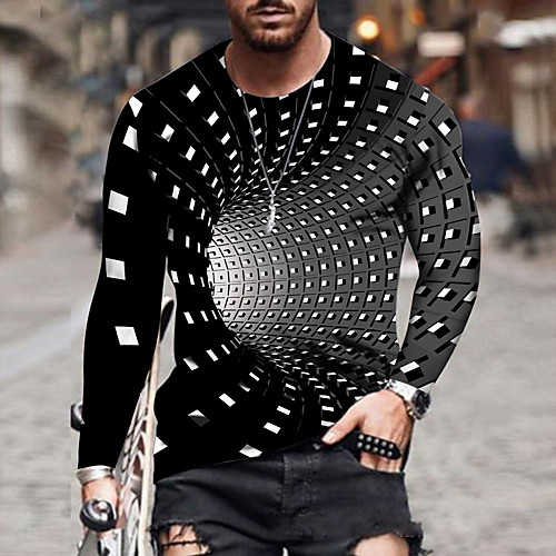 

Men's T shirt Graphic Optical Illusion Plus Size Round Neck Daily Going out Print Long Sleeve Tops Streetwear Exaggerated Rainbow