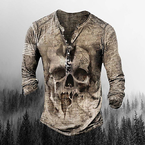 

Men's Henley Shirt T shirt Graphic Skull Plus Size Henley Street Casual Button-Down Print Long Sleeve Tops Basic Casual Classic Big and Tall Khaki