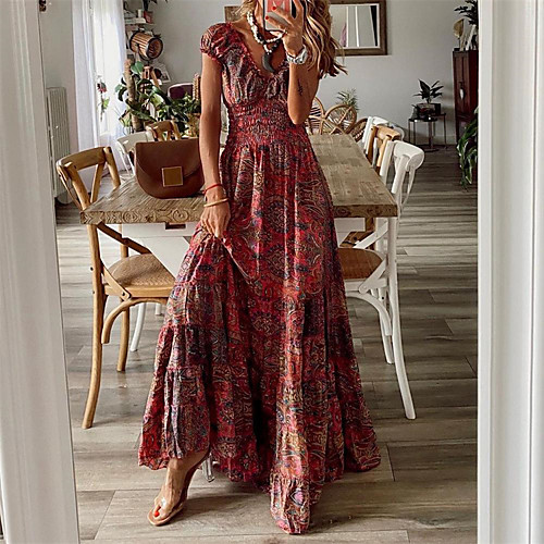 

Women's A Line Dress Maxi long Dress Wine Short Sleeve Floral Print Spring Summer V Neck Stylish Vacation Vintage 2022 S M L XL XXL