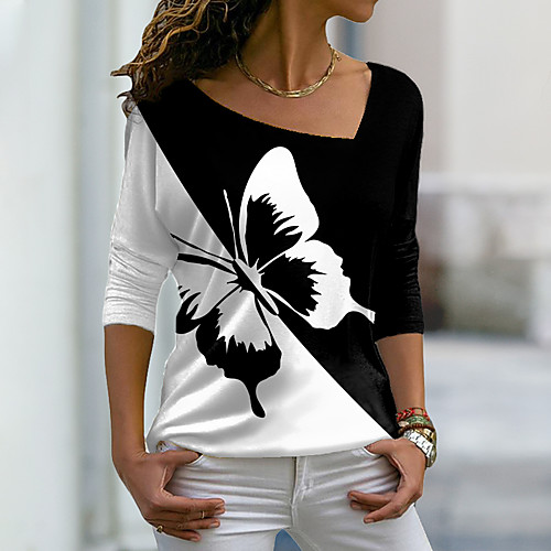 

Women's Butterfly Painting T shirt Butterfly Color Block Print V Neck Basic Tops Black / 3D Print
