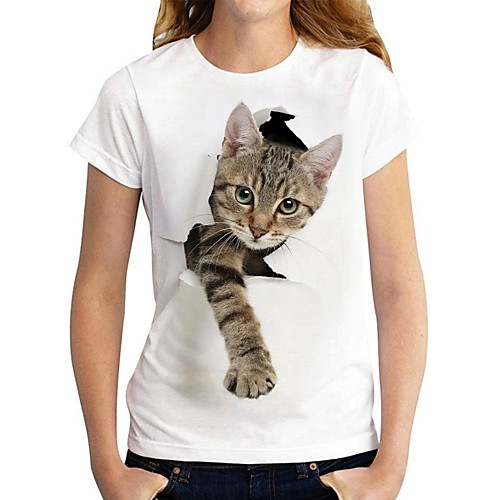 

Women's 3D Cat Painting T shirt Cat 3D Print Round Neck Basic Tops White Black