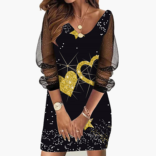 

Women's A Line Dress Short Mini Dress Green Blue Black Pink Khaki Gold Orange Navy Blue Yellow Long Sleeve Floral Color Gradient Butterfly Sequins Mesh Print Spring Summer V Neck Stylish Casual Modern