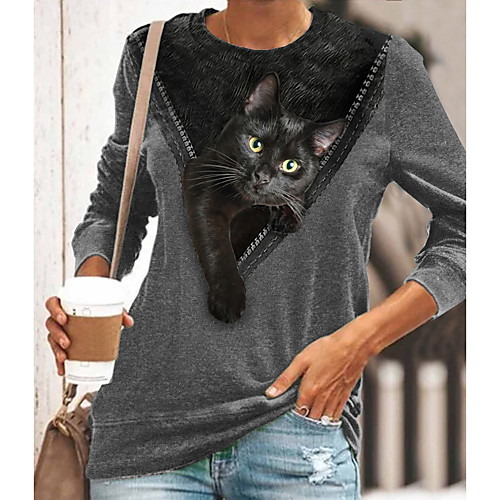 

Women's 3D Cat Painting T shirt Cat 3D Long Sleeve Print Round Neck Basic Tops Regular Fit Blue Yellow Gray / 3D Print