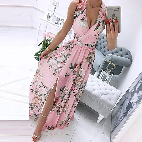 

Women's Swing Dress Maxi long Dress Blue White Pink Sleeveless Floral Print Split Print Spring Summer V Neck Elegant Casual 2022 S M L XL XXL XXXL