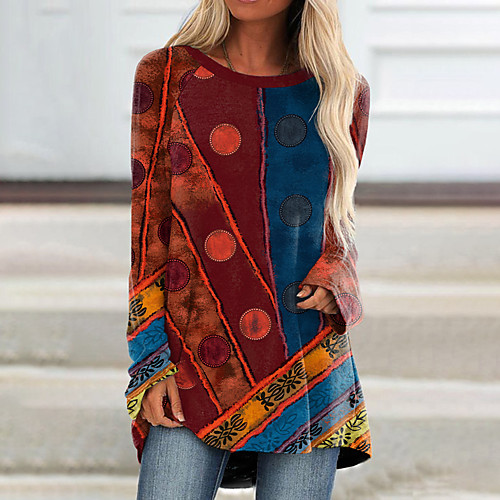 

Women's Graphic Color Block Baja Round Neck Work Basic Casual Tops Loose Blue Purple Red / 3D Print