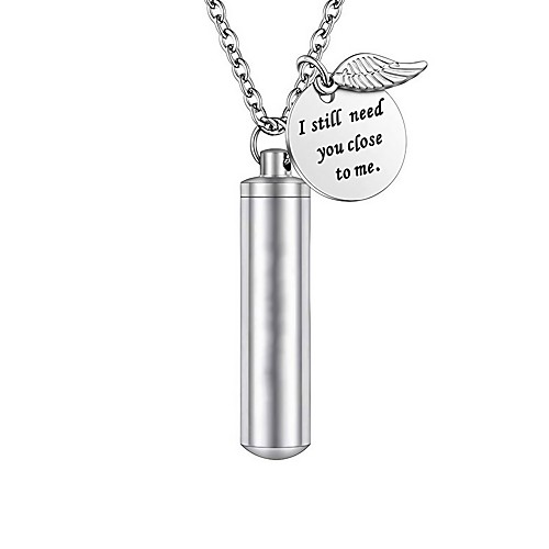 

cylinder urn necklace for ashes cremation jewelry/keychain for human pet stainless steel memorial keepsake pendant with angel wing charm ashes jewelry-silver m