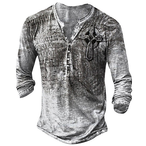 

Men's Henley Shirt Tee T shirt Graphic Cross Plus Size Henley Street Casual Button-Down Print Long Sleeve Tops Basic Casual Classic Big and Tall Green Gray Brown