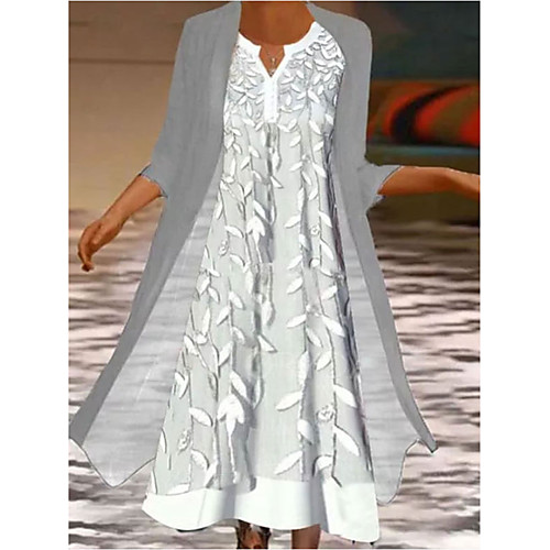 

Women's A Line Dress Midi Dress Gray 3/4 Length Sleeve Print Pure Color Ruched Fall Spring Crew Neck Elegant Casual Classic 2022 S M L XL XXL 3XL / Loose