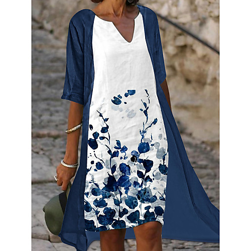 Women's A Line Dress Knee Length Dress Blue Half Sleeve Floral Print Spring Summer V Neck Casual Classic 2022 S M L XL XXL 3XL
