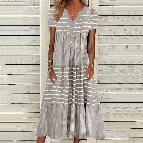 

Women's Shift Dress Midi Dress Light gray Short Sleeve Striped Button Print Spring Summer V Neck Stylish Casual Modern 2022 S M L XL XXL