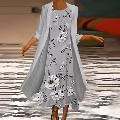 

Women's A Line Dress Midi Dress Gray 3/4 Length Sleeve Floral Chiffon Print Spring Summer Crew Neck Stylish Work Casual Loose 2022 S M L XL XXL