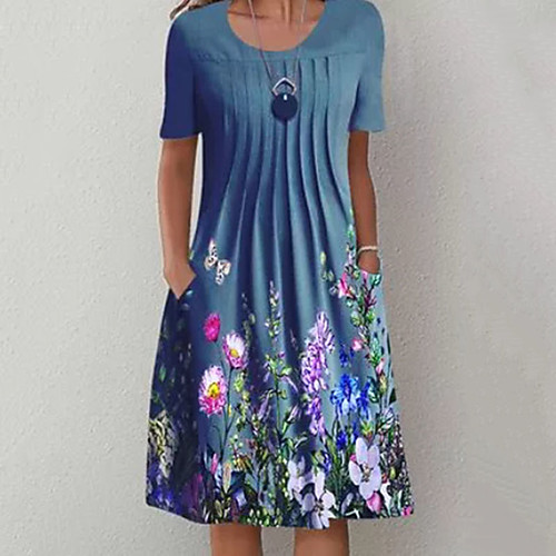 

Women's A Line Dress Knee Length Dress Green Blue Short Sleeve Floral Print Spring Summer Crew Neck Casual Modern 2022 S M L XL XXL / Loose