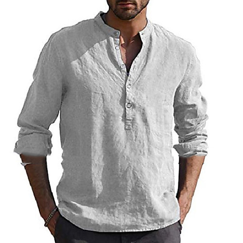 

Men's henley neck casual summer plain shirt 3/4 button down comfy linen half sleeve retro soft shirts gray