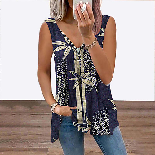 

Women's Floral Theme Tank Top Vest Leaf Flowing tunic Quarter Zip Print V Neck Casual Streetwear Tops Blue Gray Wine / 3D Print