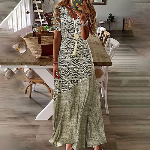 

Women's A Line Dress Maxi long Dress Khaki Short Sleeve Geometric Print Spring Summer V Neck Stylish Casual Vacation 2022 S M L XL XXL