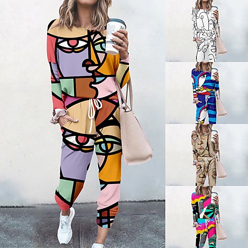 

Women's Streetwear Cinched Print Going out Casual / Daily Two Piece Set Crew Neck Sweatshirt Tracksuit Pants Sets Pant Loungewear Jogger Pants Drawstring Print Tops