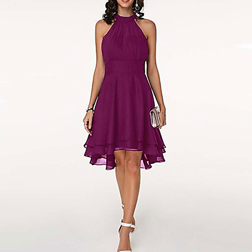 A-Line Flirty Empire Engagement Cocktail Party Dress Halter Neck V Back Sleeveless Knee Length Chiffon with Sleek Tier 2022