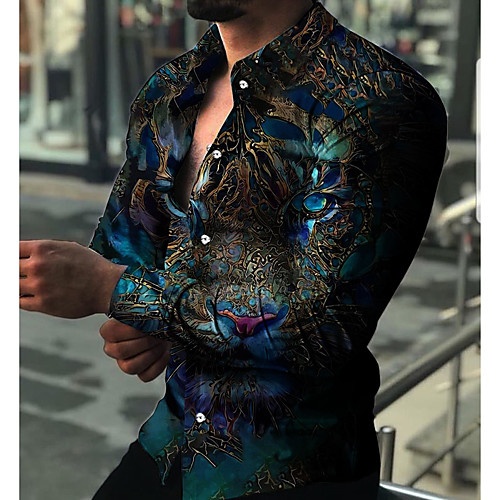 

Men's Shirt Tiger Animal Collar Casual Daily Button-Down Print Long Sleeve Regular Fit Tops Casual Fashion Comfortable Green Blue Purple / Sports