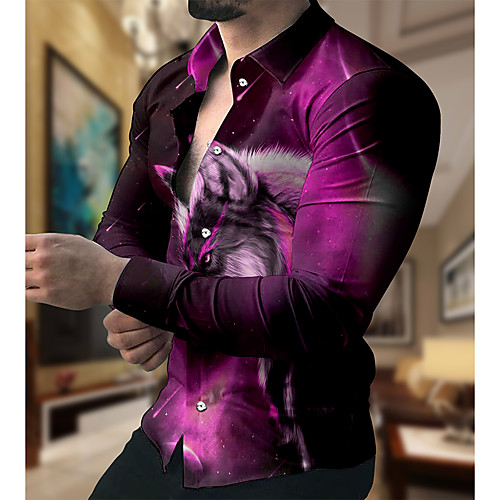 

Men's Shirt 3D Print Wolf Animal Turndown Daily Holiday 3D Print Button-Down Long Sleeve Tops Casual Fashion Breathable Blue Purple Yellow