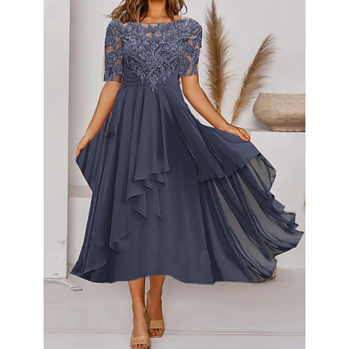 

Women's A Line Dress Midi Dress Blue Gray Short Sleeve Print Embroidery Chiffon Lace Summer Crew Neck Stylish Casual 2022 S M L XL XXL