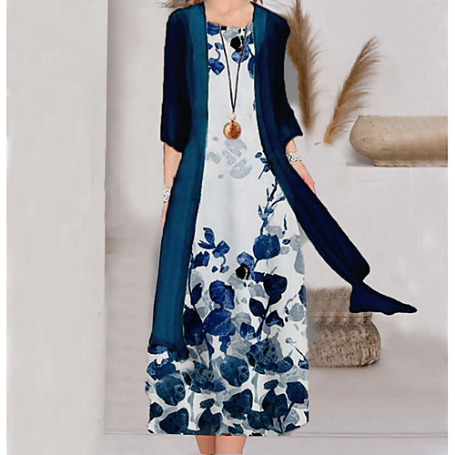 

Women's Two Piece Dress Maxi long Dress Blue Long Sleeve Floral Print Spring Summer Round Neck Casual Vacation 2022 M L XL XXL 3XL 4XL 5XL / Loose