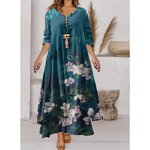 

Women's A Line Dress Maxi long Dress Green Blue White 3/4 Length Sleeve Floral Button Print Spring Summer V Neck Casual Vintage 2022 S M L XL XXL XXXL 4XL 5XL