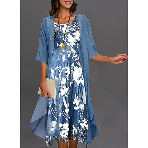 Women's A Line Dress Midi Dress Green Blue Gray Half Sleeve Floral Print Summer U Neck Casual 2022 S M L XL XXL 3XL