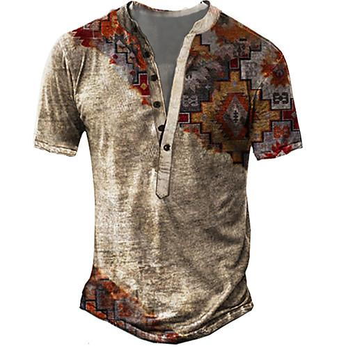 

Men's Henley Shirt Tee T shirt 3D Print Graphic Color Block Tribal Plus Size Henley Casual Daily Button-Down Print Short Sleeve Tops Casual Retro Designer Military Khaki / Summer