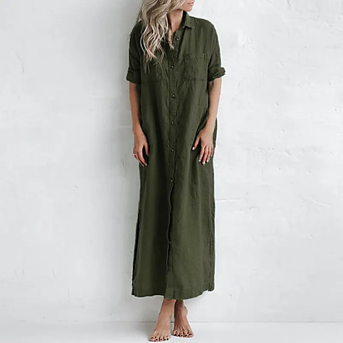 

Women's Shirt Dress Maxi long Dress Green Blue White Black Half-Sleeve Solid Color Split Pocket Button Spring Summer Shirt Collar Casual Loose 2022 S M L XL XXL 3XL