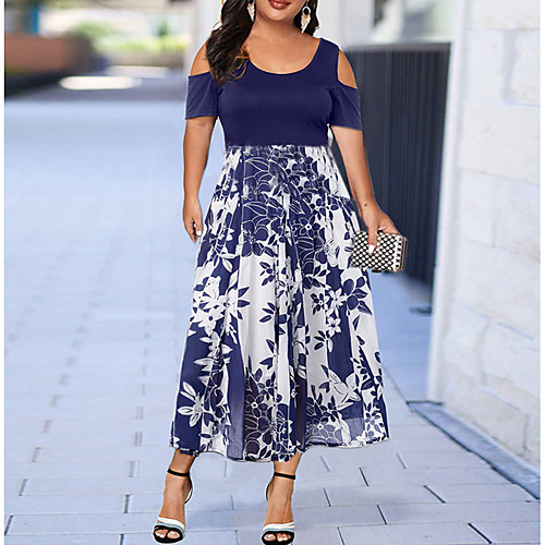 

Women's Plus Size A Line Dress Floral Round Neck Print Short Sleeve Spring Summer Casual Maxi long Dress Daily Holiday Dress