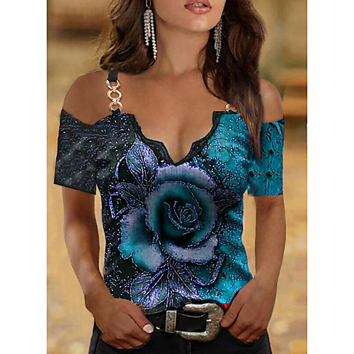 

Women's Floral Theme Painting T shirt Flower Rose Lace Trims Cold Shoulder Print V Neck Basic Tops Green Blue Red / 3D Print