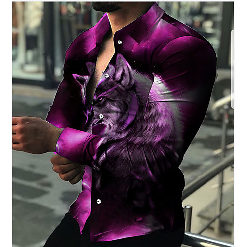 

Men's Shirt 3D Print Wolf Animal Turndown Daily Holiday 3D Print Button-Down Long Sleeve Tops Casual Fashion Breathable Blue Purple Yellow