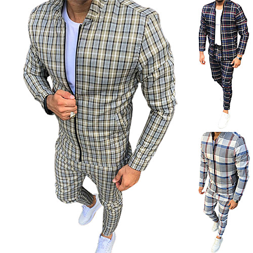 

Men's 2 Piece Gentleman Tracksuit Casual Athleisure Winter Long Sleeve Warm Breathable Soft Fitness Jogging Sportswear Plaid Checkered Normal Sweatshirt Black