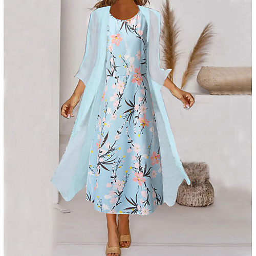 

Women's Two Piece Dress Midi Dress Light Green Light Blue 3/4 Length Sleeve Floral Print Fall Spring Round Neck Elegant Casual Loose 2022 S M L XL XXL 3XL