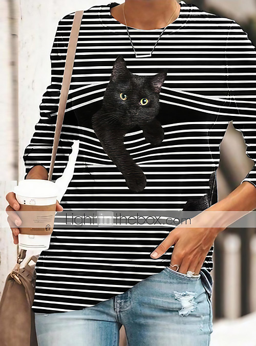 Women's Tunic Striped Cat Animal Long Sleeve Print Round Neck Tops Basic Basic Top Black Blue Yellow