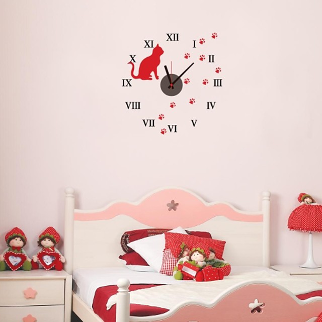 Zooyoo Chronometreur De Batterie Electronique Bricolage Horloge Murale Ronde Avec Chat Rouge Aiguille Noire Maison De Sticker Mural De A 19 54
