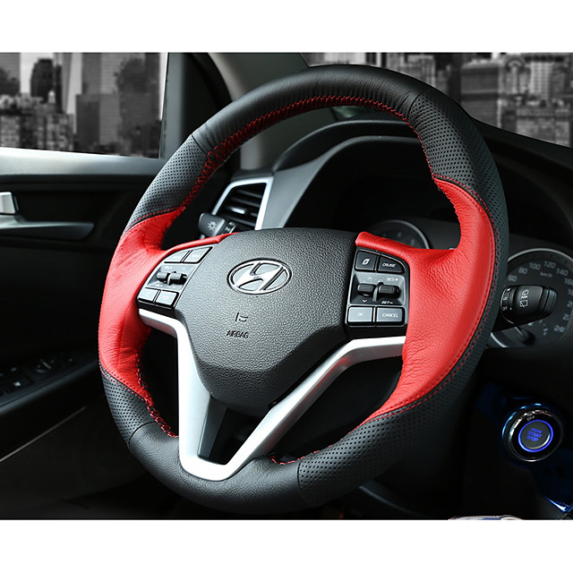Fundas para volante piel genuina 38cm Rojo For Hyundai Nuevo Tucson