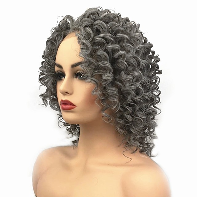 Synthetic Lace Front Wig Curly Middle Part Lace Front Wig Medium Length Grey Synthetic Hair
