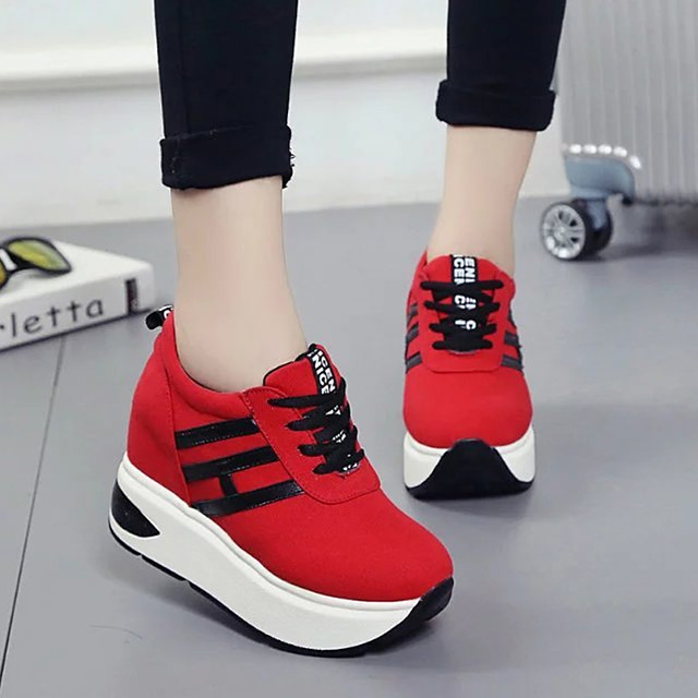 Women's Sneakers Flat Heel Round Toe Canvas Comfort Fall Red / Black ...