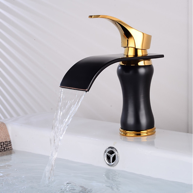 Baño grifo del fregadero - Cascada Dorado / Negro Conjunto Central Sola