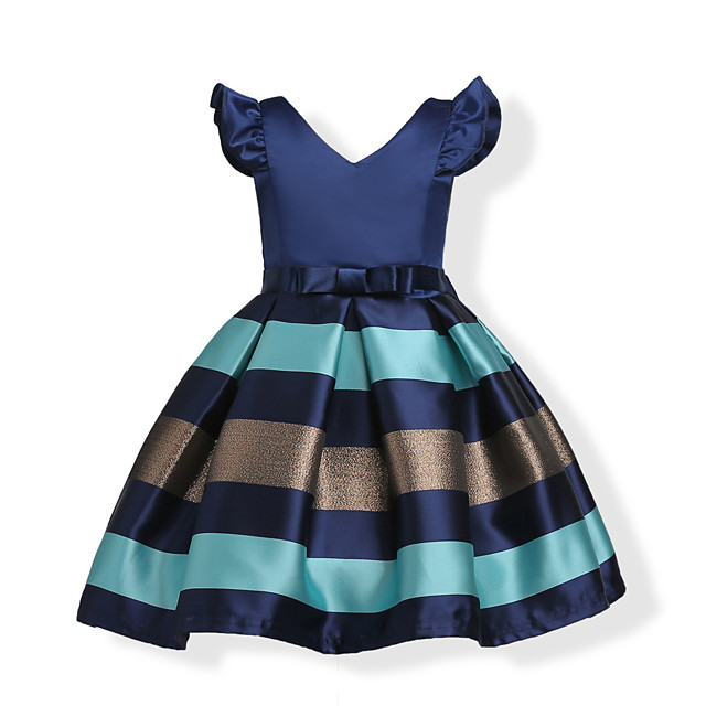 Enfants Bebe Petit Fille Robe Bleu Raye Couleur Pleine Soiree Vacances Rose Claire Vin Bleu Marine Manches Courtes Noeud Doux Robes Automne Ete Mince De 21 A