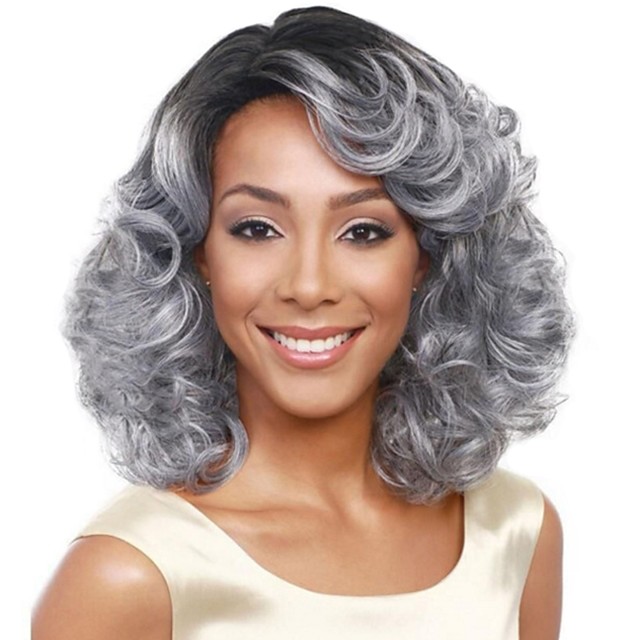 chignons Bangs Curly Loose Curl Side Part Wig Medium Length Grey ...