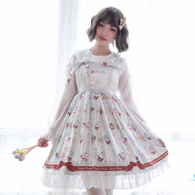 Sweet Lolita Прицесса Симпатичные Стиль Платья Блузы / сорочки Косплэй Kостюмы Товары для Хэллоуина Все Вельветовый шифон Японский Косплей костюмы Белый С принтом Животное Бант / Блузка / Платье