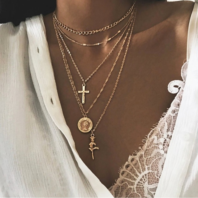 Women S Layered Necklace Cross Ethnic Trendy Chrome Silver Gold 52 Cm Necklace Jewelry 1pc For Street Club 21 4 39